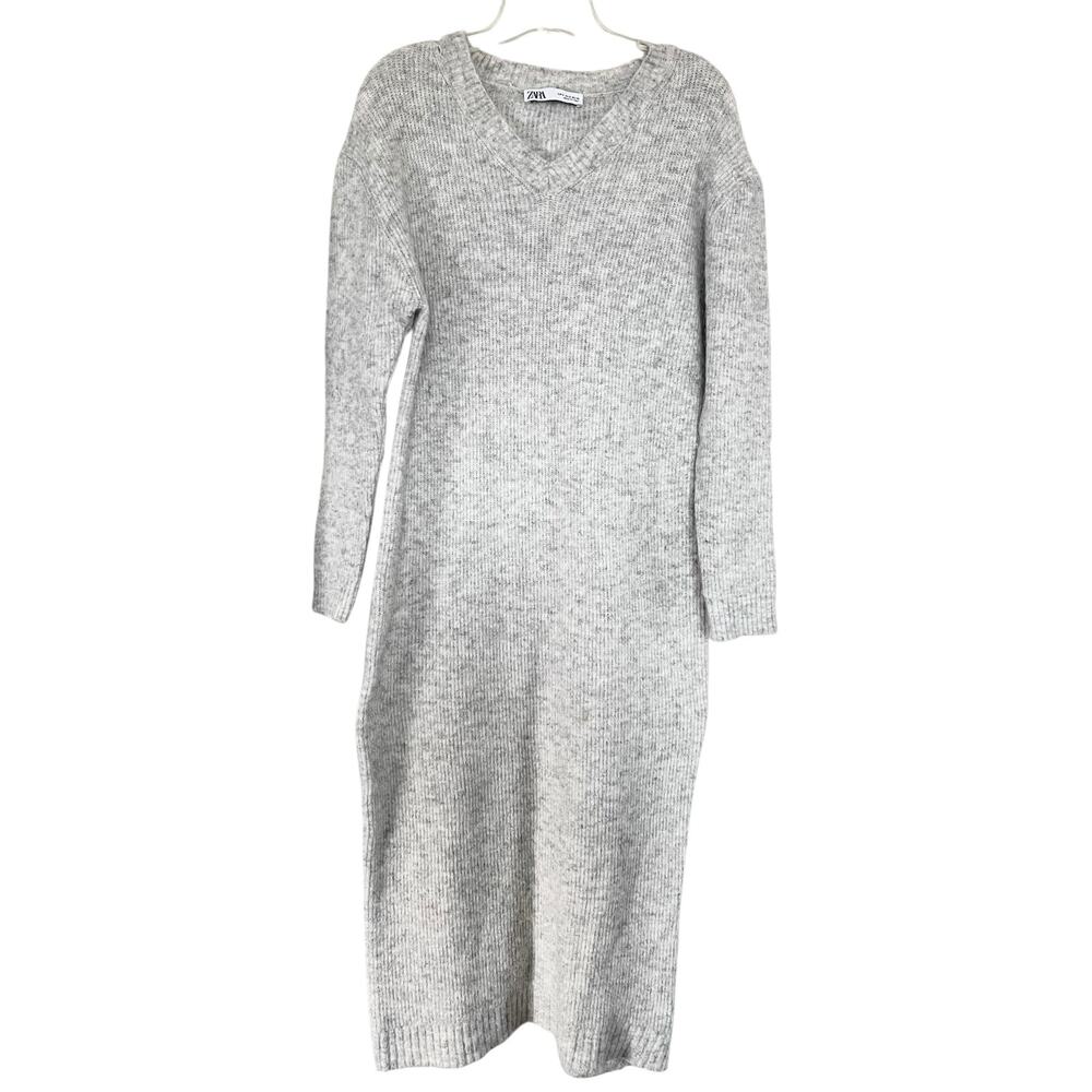 Zara Heather Gray Wool V-Neck Long Sleeve Midi Sweater Dress Size Small